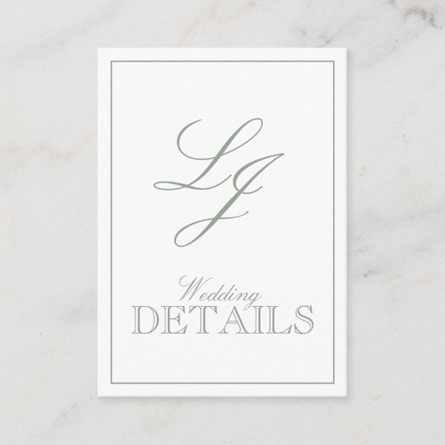 QR Code Sage Green Script Monogram Wedding Details Begleitkarte (Vorderseite)