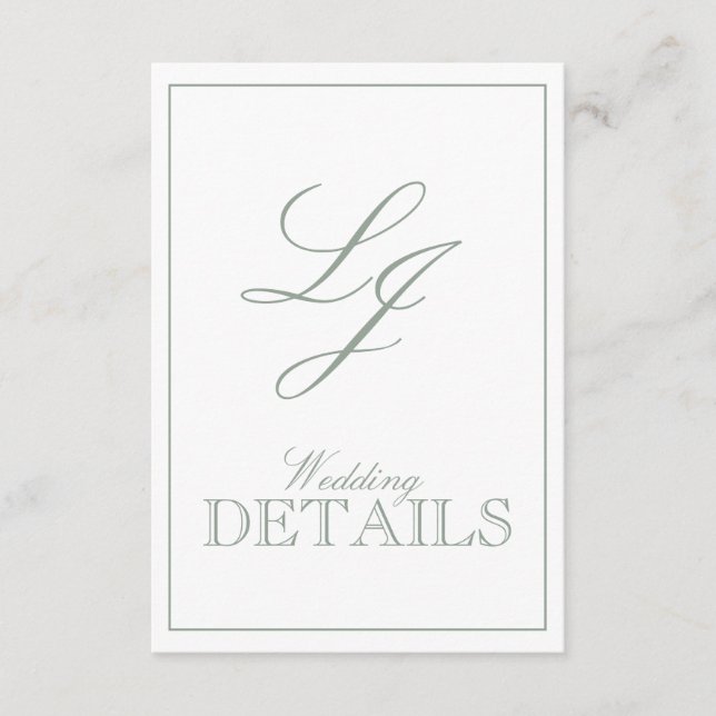 QR Code Sage Green Script Monogram Wedding Details Begleitkarte (Vorderseite)