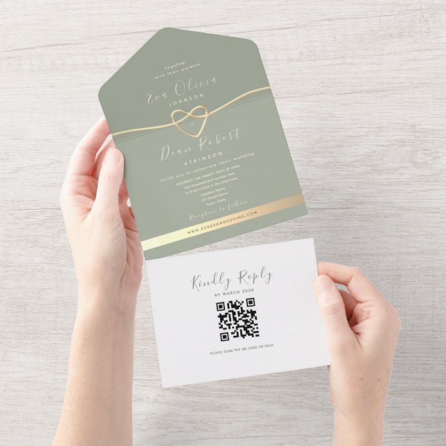 QR Code Sage Green Wedding All In One Einladung (Abreißen)