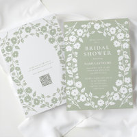 QR Code Sage Green White Folk Floral Brautparty