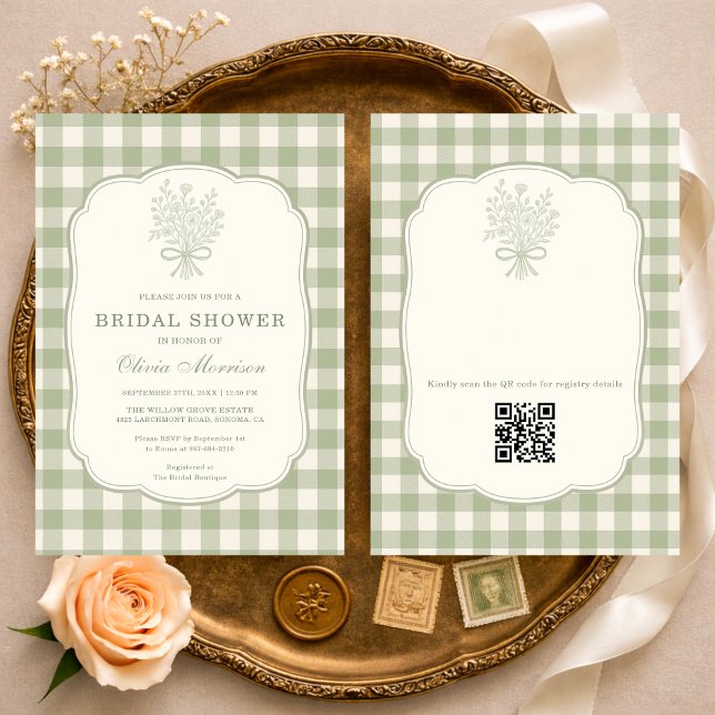 QR-Code Salbeigrün Gingham Blumen Brautparty Einladung (Von Creator hochgeladen)