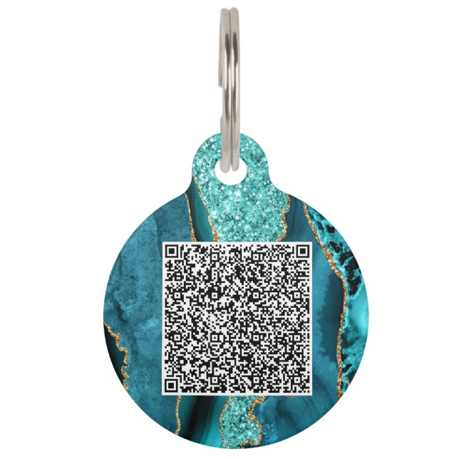 QR Code Scan Agate Aquamarin Blue Gold Glitzer Mar Haustiermarke (Vorderseite)