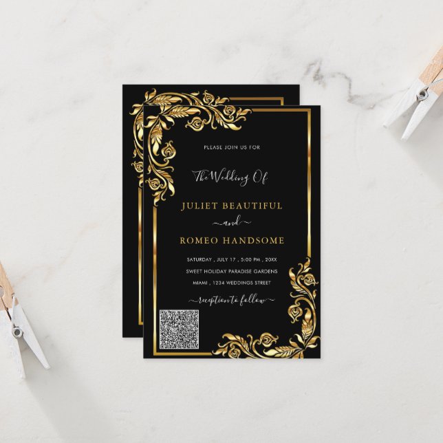 QR Code Scan Info Black Gold Wedding Einladung (Vorderseite/Rückseite Beispiel)