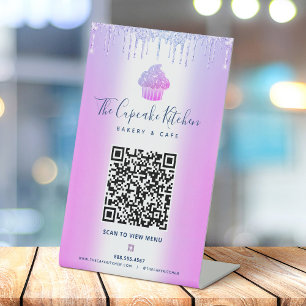 QR Code Scan Menü Lila Cupcake Glitzer Bäckerei Sockelschild