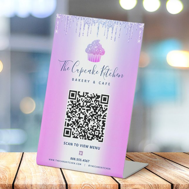 QR Code Scan Menü Lila Cupcake Glitzer Bäckerei Sockelschild (Von Creator hochgeladen)