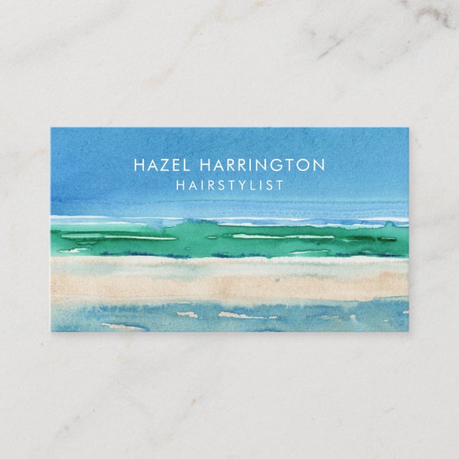QR Code Scannable Beach Watercolor Ocean Blue Visitenkarte (Vorderseite)