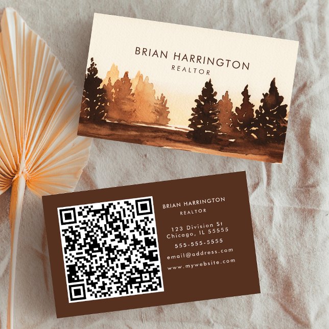 QR Code Scannable Fall Forest Outdoor Wasserfarbe Visitenkarte (Von Creator hochgeladen)