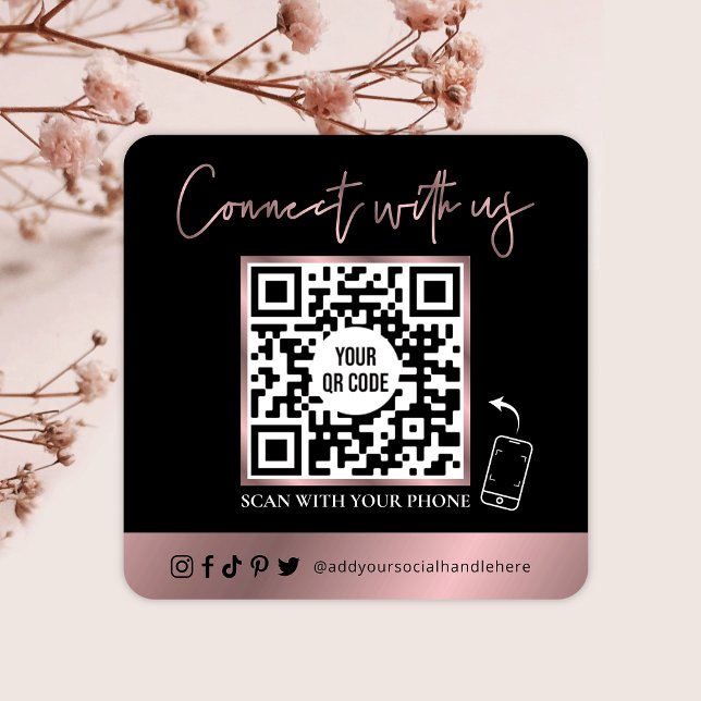 QR Code Scannable Glam Black & Rose Gold Logo Quadratische Visitenkarte (Von Creator hochgeladen)