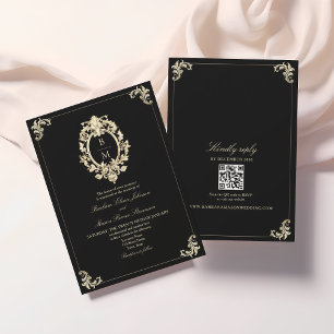QR-Code Schwarz Gold Barock Monogramm Hochzeit Einladung