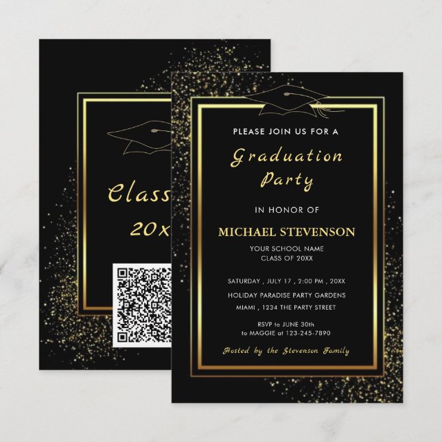 QR-Code Schwarz Gold Glitter Abschluss Einladungen (Vorne/Hinten)