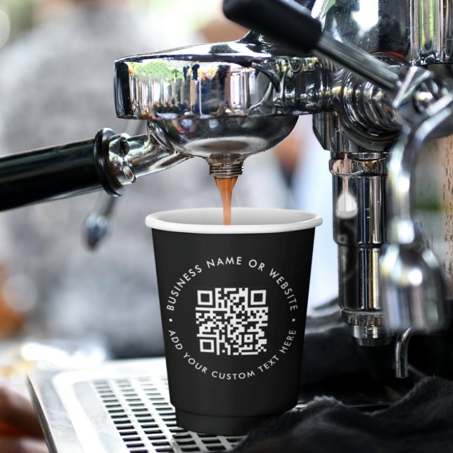 QR-Code Schwarz Moderne Minimal Business Promotion Pappbecher (Interactive editable QR code paper cups to promote your business, products or services.)