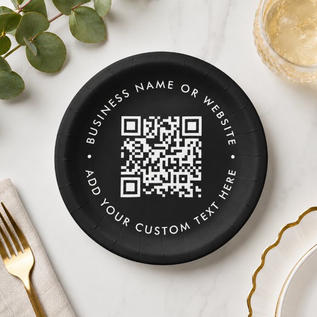 QR-Code | Schwarze moderne Geschäftskorporationsve Pappteller (Custom QR code paper plates for business events, menus, bookings, and promo tableware.)