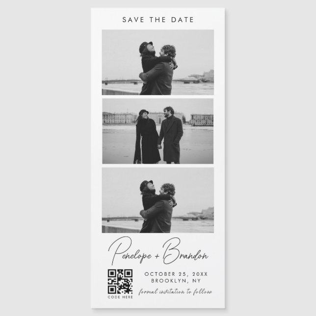 QR Code Script Foto Strip Magnetic Wedding Magnetkarte (Vorderseite)