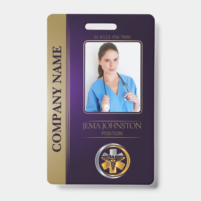 QR Code Security ID Lila & Gold Employee Foto Ausweis (Vorderseite)