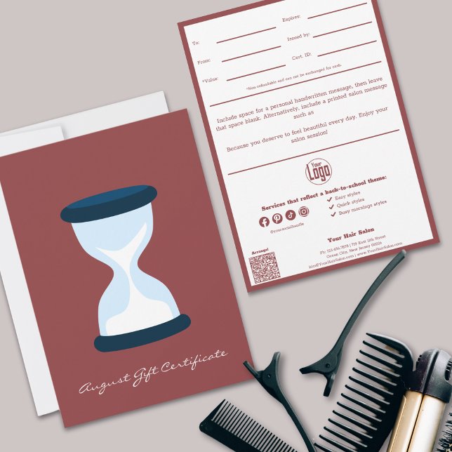 QR Code Services Hinweis August Geschenkgutschein (Stylish QR Code Services Note August Gift Certificate, Smoky Topaz & White, Hourglass)