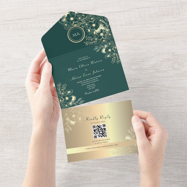QR-Code Smaragd-Gold-Blumenhochzeit All In One Einladung (Abreißen)