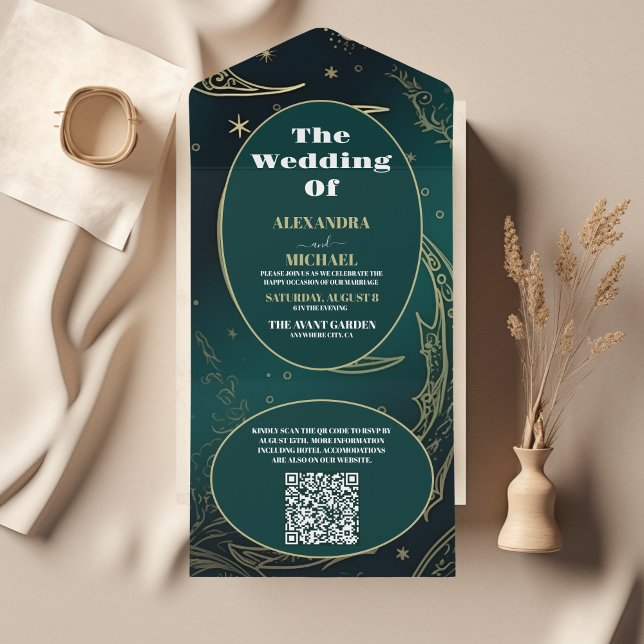 QR Code Smarald Green Gold Celestial Wedding All In One Einladung (Von Creator hochgeladen)