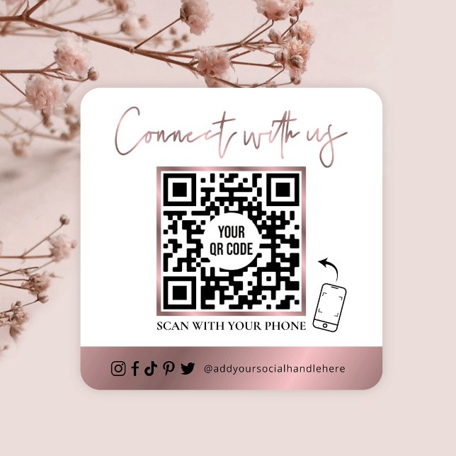 QR Code Social Media Glam Rose Gold Logo Quadratische Visitenkarte (Von Creator hochgeladen)