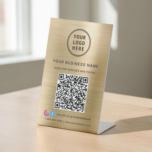 QR Code Social Media Gold Sockelschild (QR Code Business Logo Social Media Gold Pedestal Sign)