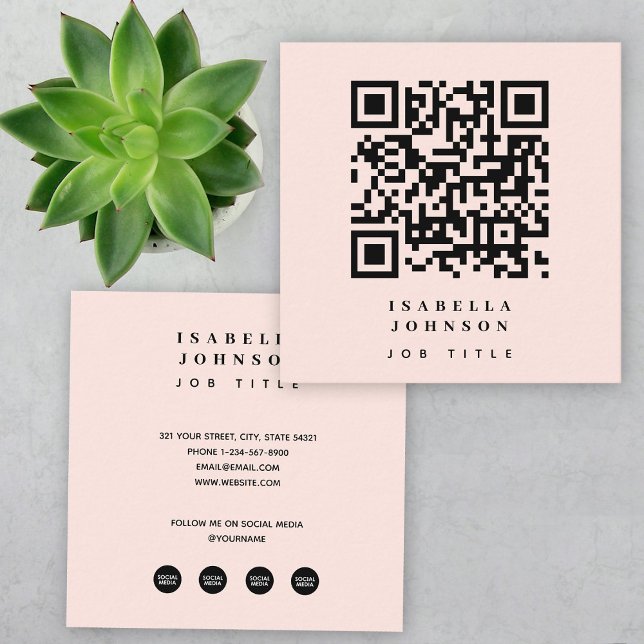 QR Code Social Media Icons Quadratische Visitenkarte (Modern Blush Pink QR Code Social Media Icons Square Business Card)