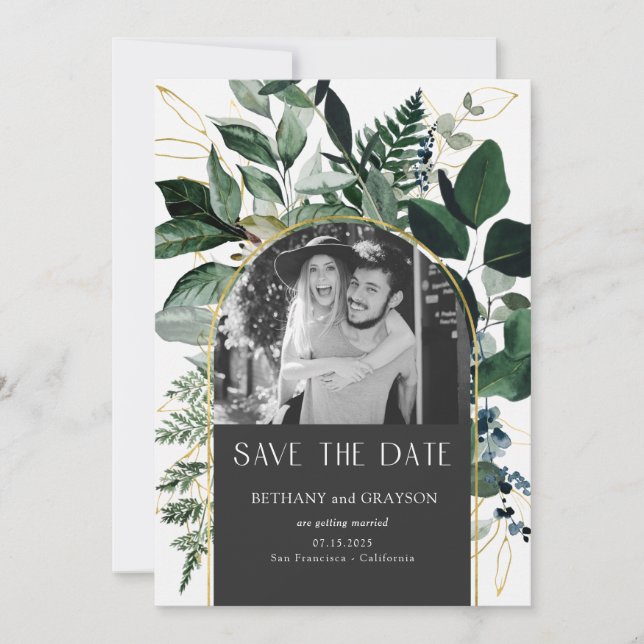QR-Code Stilvolle Hochzeit des grauen botanischen  Save The Date (Vorderseite)
