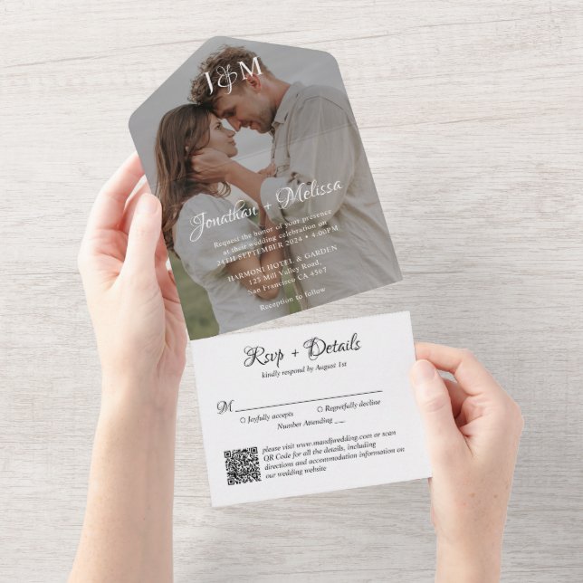 QR-Code Stilvolle Skript-Foto Monogram-Hochzeit All In One Einladung (Abreißen)