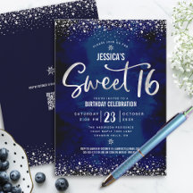 QR-Code Sweet 16 Silber Schrift Navy Wasserfarben