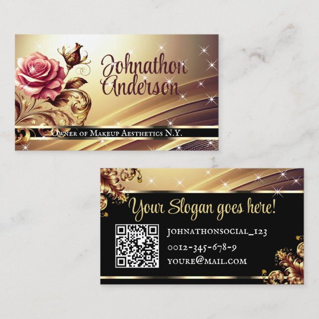 QR Code Template Deluxe Gold Rose Luxus Chic Glam Visitenkarte (Vorne/Hinten)