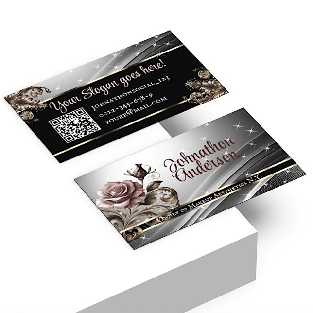 QR Code Template Deluxe Silver Rose Luxus Chic Visitenkarte (Von Creator hochgeladen)