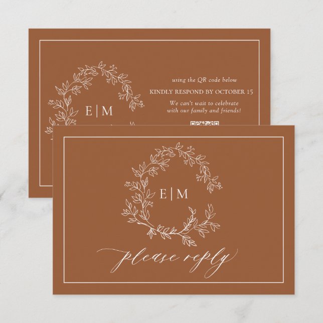 QR Code Terracotta Leafy Wappen Monogram Wedding RSVP Karte (Vorne/Hinten)