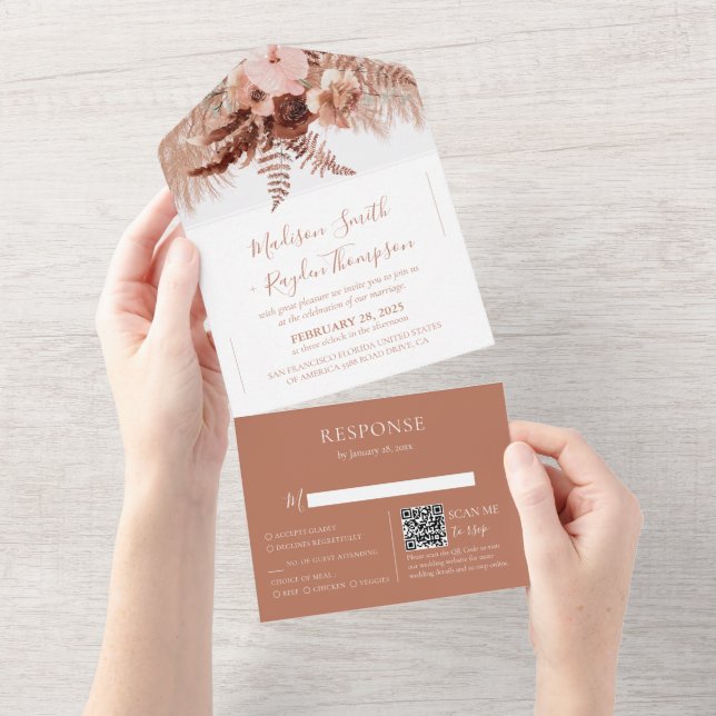 QR Code Terracotta Pampas Grass Wedding All In One Einladung (Abreißtisch)