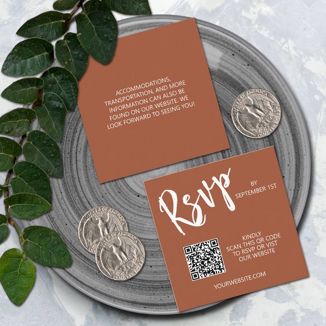 QR Code Terracotta-Verschlusskarte für Hochzeiten Begleitkarte (Wedding QR code small 2.5" x 2.5" terracotta RSVP cards)