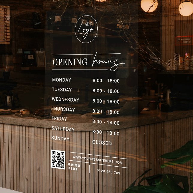 QR-Code transparent für Geschäftslogos Fensteraufkleber (Transparent with white text opening hours window cling for business, featuring your logo & QR code)