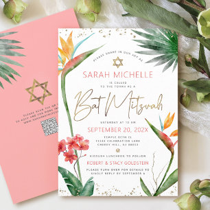 QR Code Tropical Bat Mitzvah Floral Gold Script Einladung