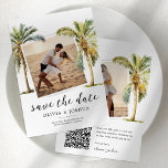 QR Code Tropical Beach Save the Date<br><div class="desc">Sommerziel speichern Sie die Datumskarten! Mit weißem Hintergrund, 2 Fotos Braut/Bräutigam, tropischen Aquarellpalmen, QR-Code (ersetzen Sie das durch Ihren eigenen) und einer leicht anpassbaren, eleganten Vorlage. Stellen Sie sich das vor - Sand zwischen Ihren Zehen, ein bezaubernder Sonnenuntergang über dem tiefblauen Meer und eine Gruppe Ihrer nächsten Familie und Freunde,...</div>