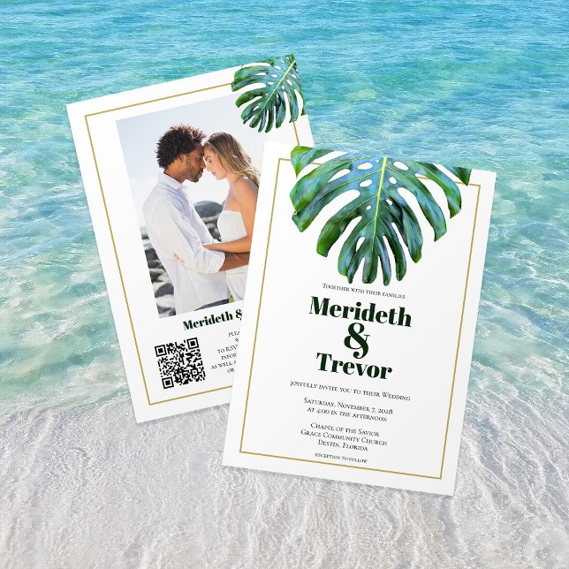 QR Code Tropical Blätter Gold Foto Modern Beach Einladung (Von Creator hochgeladen)