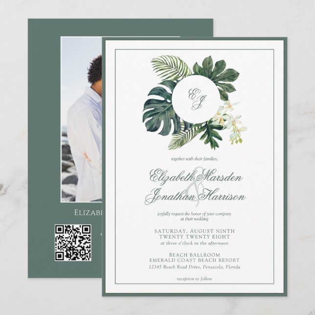 QR Code Tropisches Monstera Orchids Monogramm Foto Einladung (Vorne/Hinten)