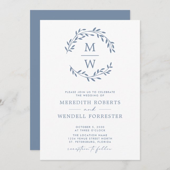 QR Code UAWG Dusty Blue Monogram Wreath Wedding Einladung (Vorne/Hinten)