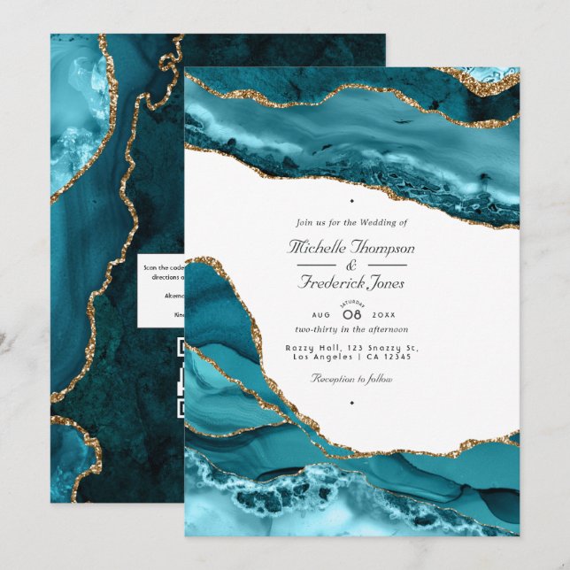 QR-Code-UAWG Wedding mit aquamarin-Gold-Agate-Ston Einladung (Vorne/Hinten)