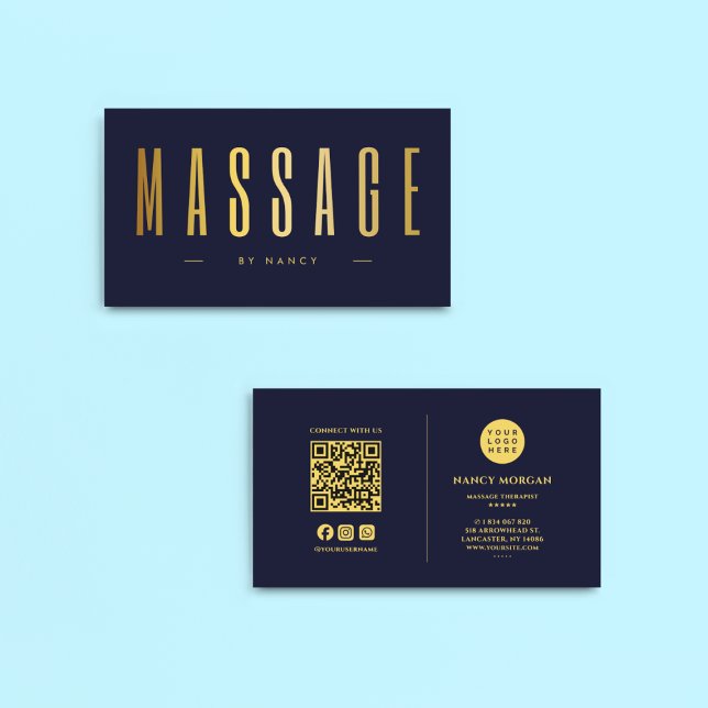 QR-Code und Logo des Navy & Gold Massage Therapeut Visitenkarte (Von Creator hochgeladen)
