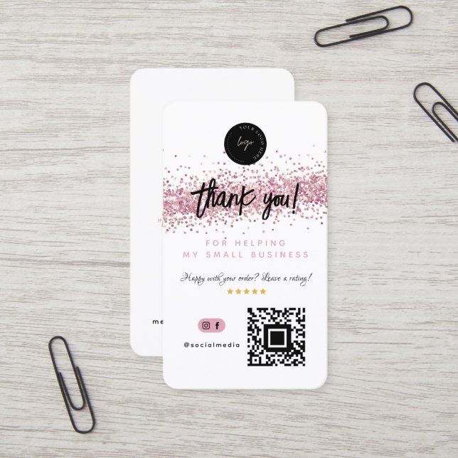 QR-Code und Logo Vielen Dank Rose Gold Glitzer Visitenkarte (Vorderseite/Rückseite Beispiel)