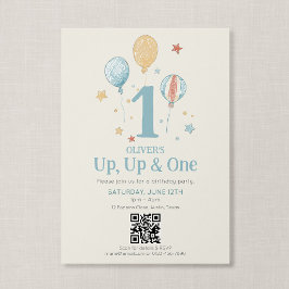 QR-Code Up Up One Vintage-Ballon Erster Geburtstag Einladung