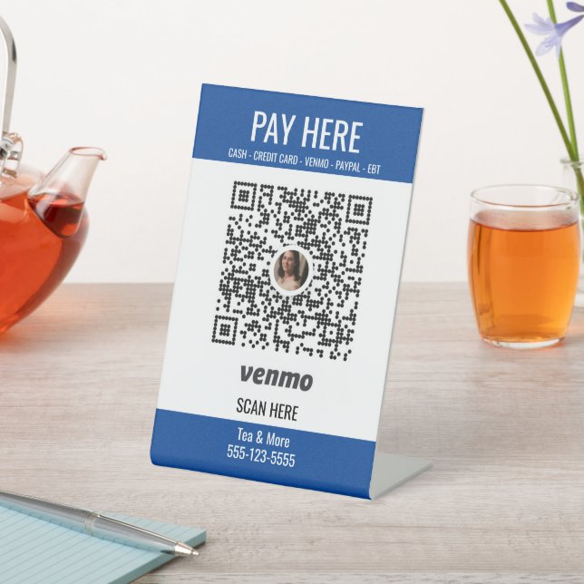 QR Code Venmo Pay Hier Blue Pedestal-Zeichen hinzu Sockelschild (In SItu)