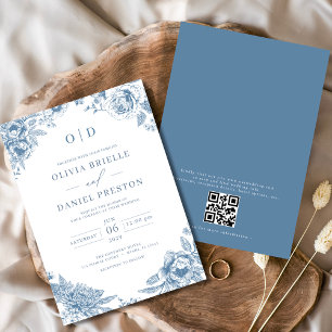 QR Code Viktorianisch Französisch Dusty Blue Weddi Einladung