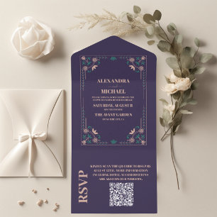 QR-Code Vintage Bibliotheksbuch Hochzeit All In One Einladung