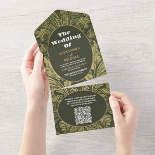 QR-Code-Vintage-Blumen-Art Nouveau-Hochzeit All In One Einladung