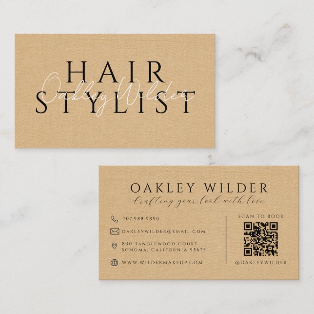 QR-Code Visagist Beige Leinenoptik Visitenkarte (Vorne/Hinten)