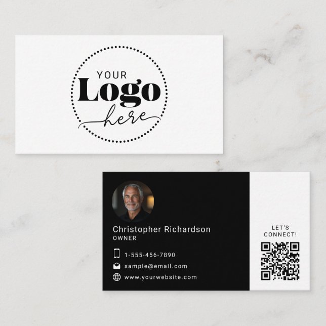QR-Code-Visitenkarte für Schwarz-weißes Logo Foto Visitenkarte (Vorne/Hinten)