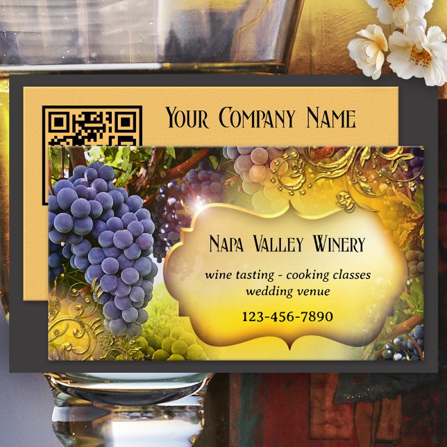 QR-Code Visitenkarte für Weingut oder Weinberg (Artistic business card for a winery or vineyard with on the back a QR code template)