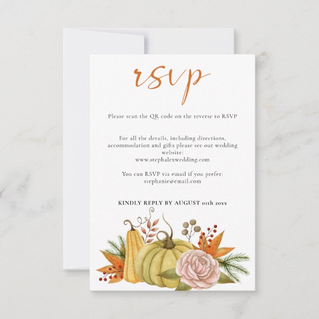 QR-Code von Autumn Pumpkin Floral Wedding RSVP Karte (Vorderseite)